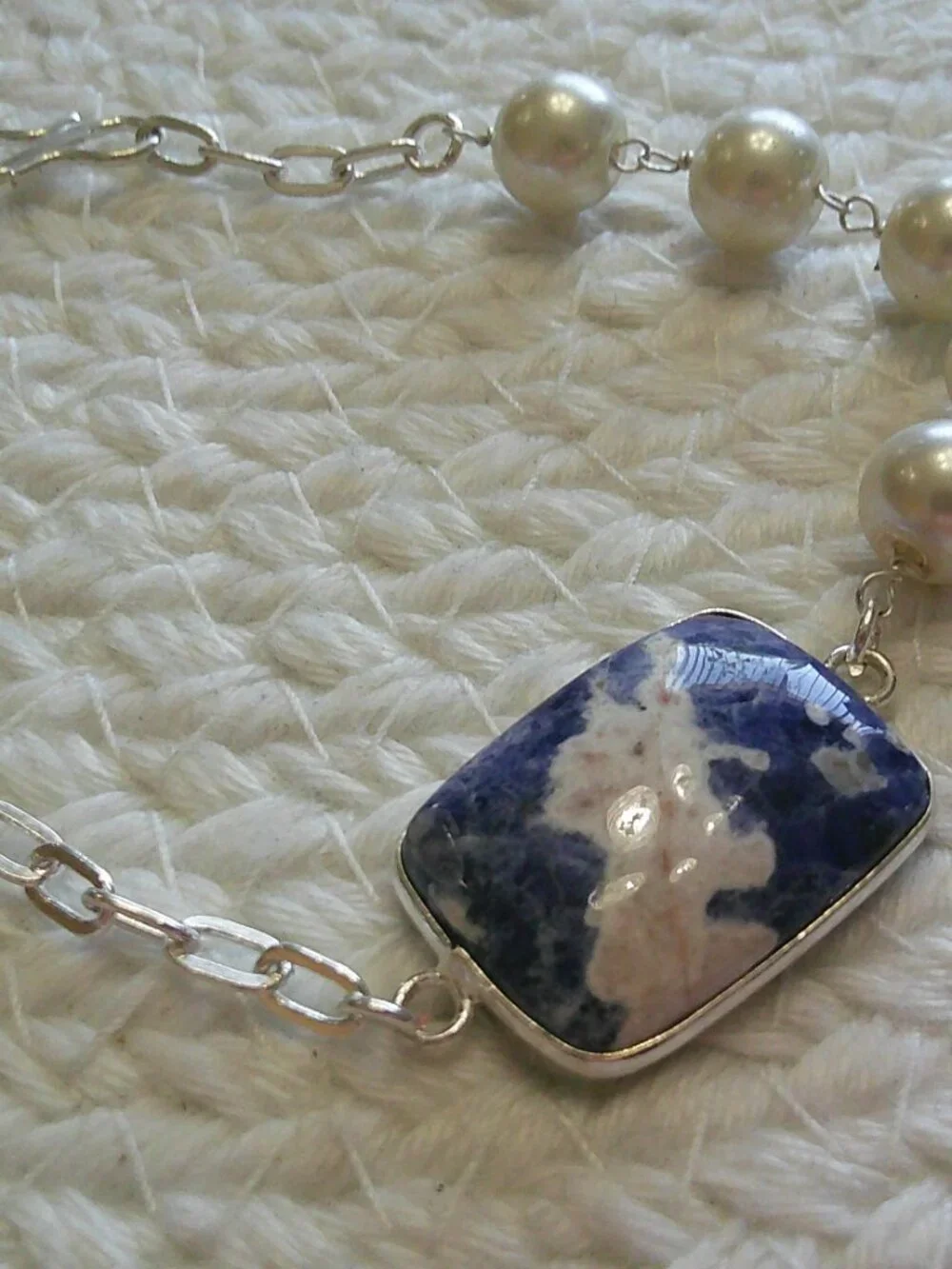 Feminine SODALITE and PEARL Handmade Sterling 925 Bracelet #108F